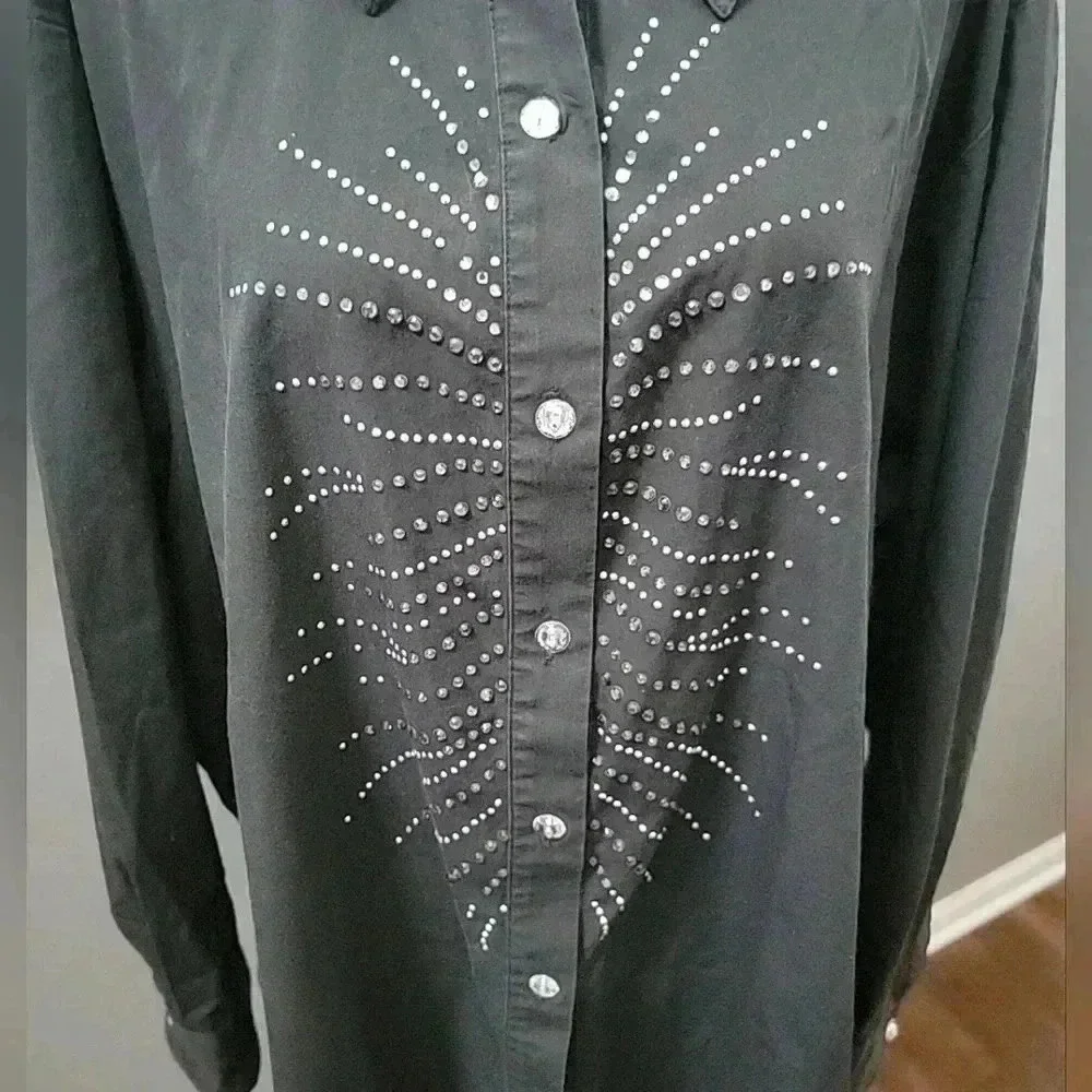 Quacker Factory 3X Black Long Sleeve Button Front Collared Shirt Sparkle Shine - Picture 2 of 6